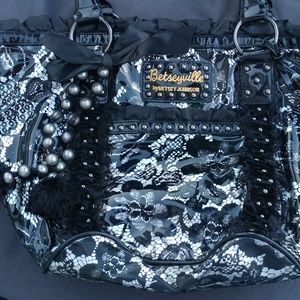 Betsey Johnson PVC black/silver lace print, EUC